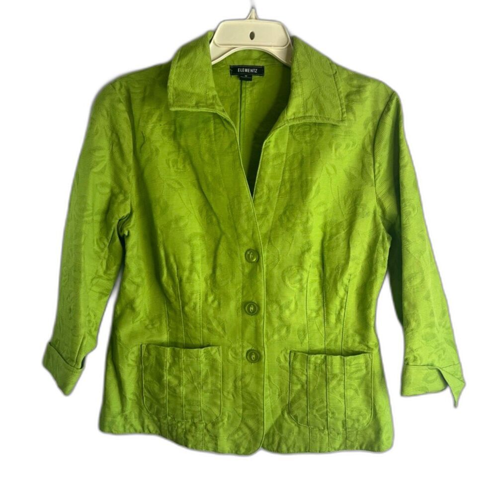 Elementz 3/4 Sleeve Button Up Bold Green Cotton Brocade Jacket Size Medium